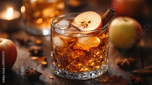 A crystal glass of cinnamon apple old fashioned, garnished with an apple slice and cinnamon stick, placed on a wooden table with scattered autumn spices and leaves,