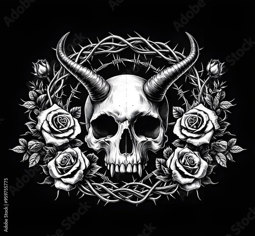 Mystical skull in a crown of thorns with floral elements isolated on black background. Black and white colors. Vivid modern design for tattoo, print, cover.