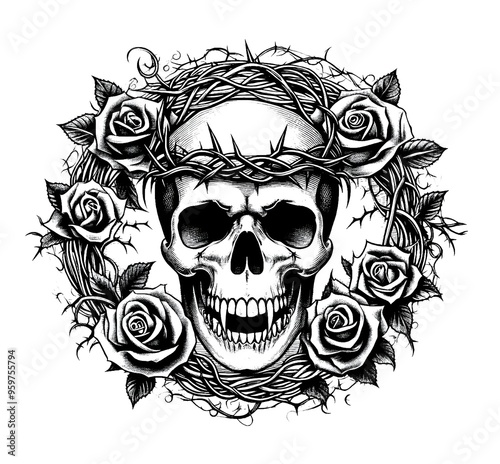 Vampire skull in a crown of thorns with floral elements isolated on white background. Black and white colors. Vivid modern design for tattoo, print, cover. photo