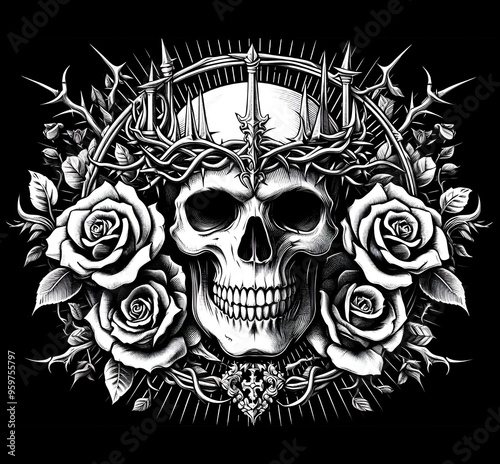 Skull in a crown of thorns with floral elements isolated on black background. Black and white colors. Vivid modern design for tattoo, print, cover.