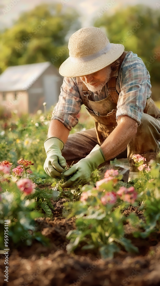 A gardener tending to vibrant flowers in a lush garden, showcasing a connection with nature and dedication to cultivation. A gardener tending to vibrant flowers in a lush garden, showcasing a connection with nature and dedication to cultivation.