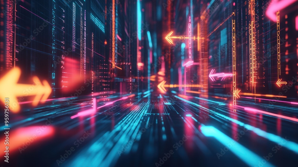 A futuristic depiction of data transfer through a network, showing arrows and glowing lines moving in a high-tech environment