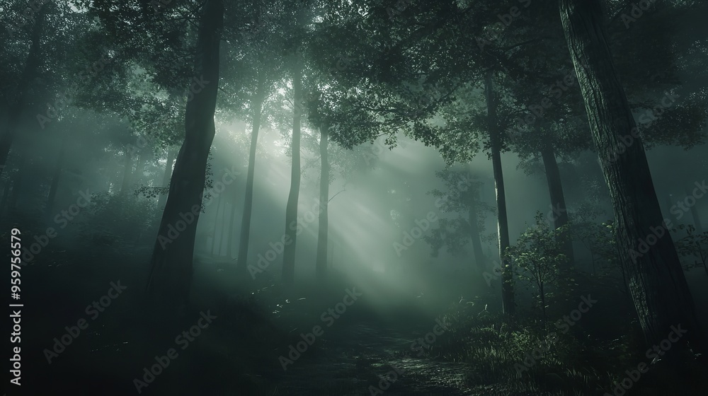 A dark misty forest A dark misty forest