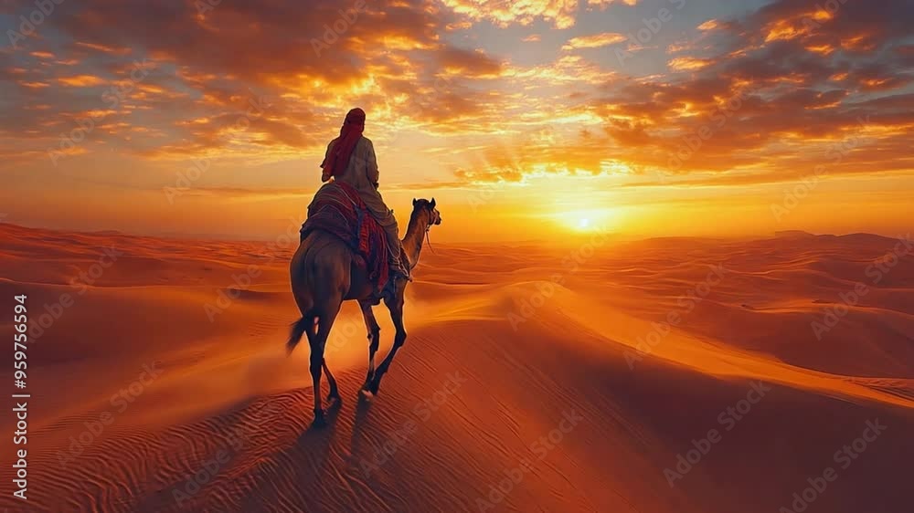A man riding a camel in the desert at sunset