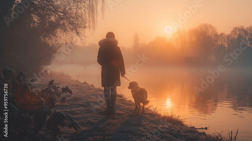 A person walking a dog along a foggy path in the early morning