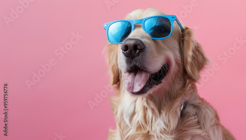 Happy funny Golden Retriever wearing blue sunglasses against pink background, Birthday greetings card design, fun cute with copy space, summer concept