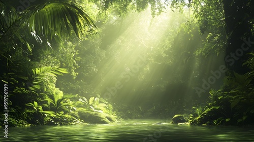 Lush green jungle with sunlight streaming through trees and reflecting on a serene river