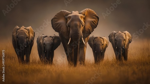 A heartwarming photograph of a family of elephants walking through the savannah, with the matriarch leading the herd.