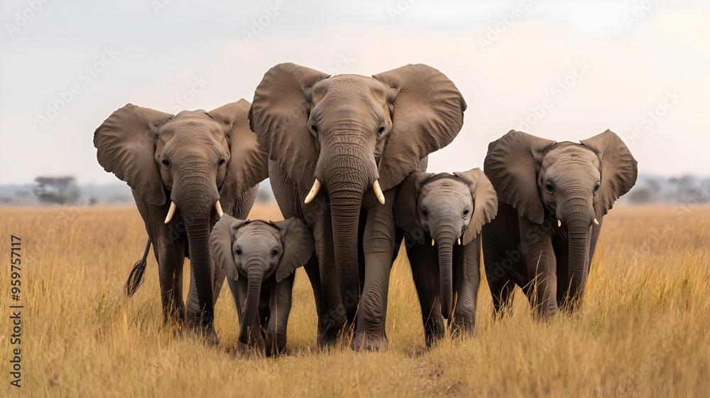 Obraz premium A heartwarming photograph of a family of elephants walking through the savannah, with the matriarch leading the herd.