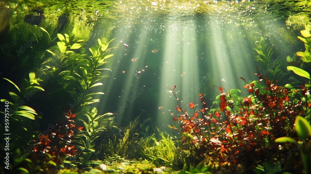 Fototapeta premium Serene underwater scene with sun rays illuminating lush aquatic plants