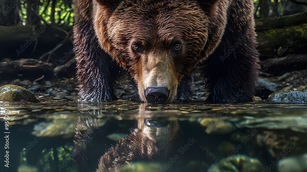 A dramatic photograph of a grizzly bear fishing for salmon in a clear mountain stream. A dramatic photograph of a grizzly bear fishing for salmon in a clear mountain stream.