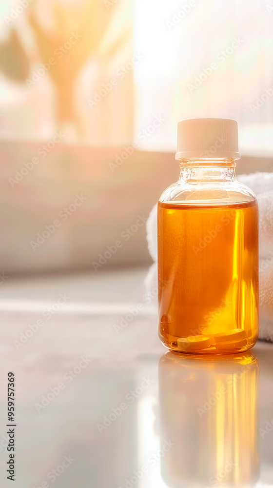 Elegant bottle of golden oil on a soft towel, perfect for wellness and beauty projects, showcasing tranquility and relaxation. Elegant bottle of golden oil on a soft towel, perfect for wellness and beauty projects, showcasing tranquility and relaxation.