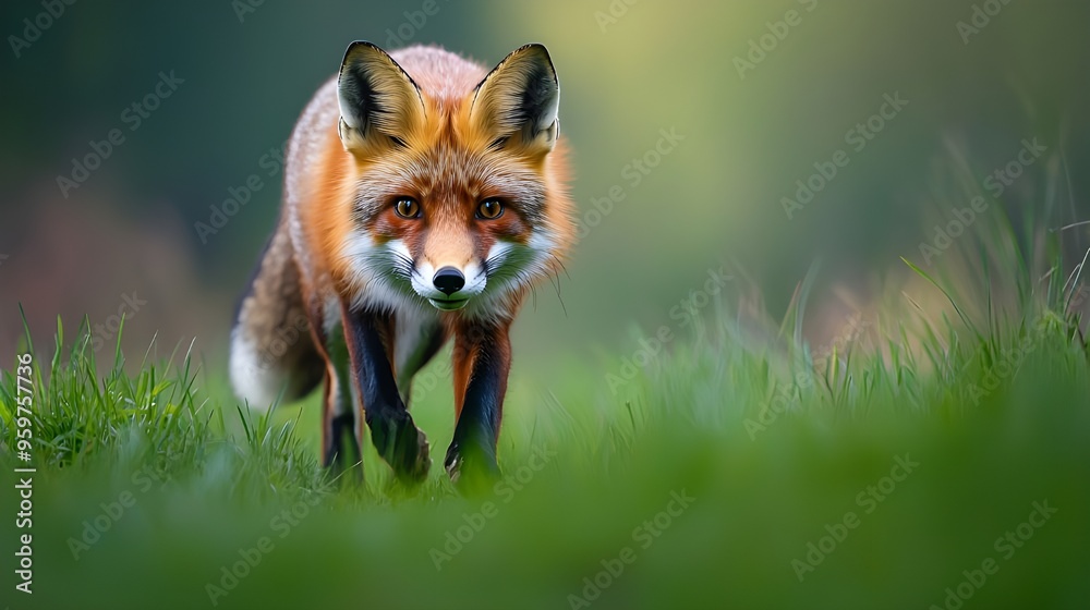 Naklejka premium An engaging photograph of a red fox curiously exploring a meadow, with its vibrant fur contrasting against the green grass.