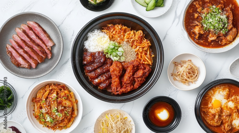 Korean foods served on a dining table with Tteokbokki,Pork,tofu and kimchi soup pot,Kimbap,Jajangmyeon,korea traditional roast pork dinner,South Korea style bbq,korean side dishes,space for text. Korean foods served on a dining table with Tteokbokki,Pork,tofu and kimchi soup pot,Kimbap,Jajangmyeon,korea traditional roast pork dinner,South Korea style bbq,korean side dishes,space for text.