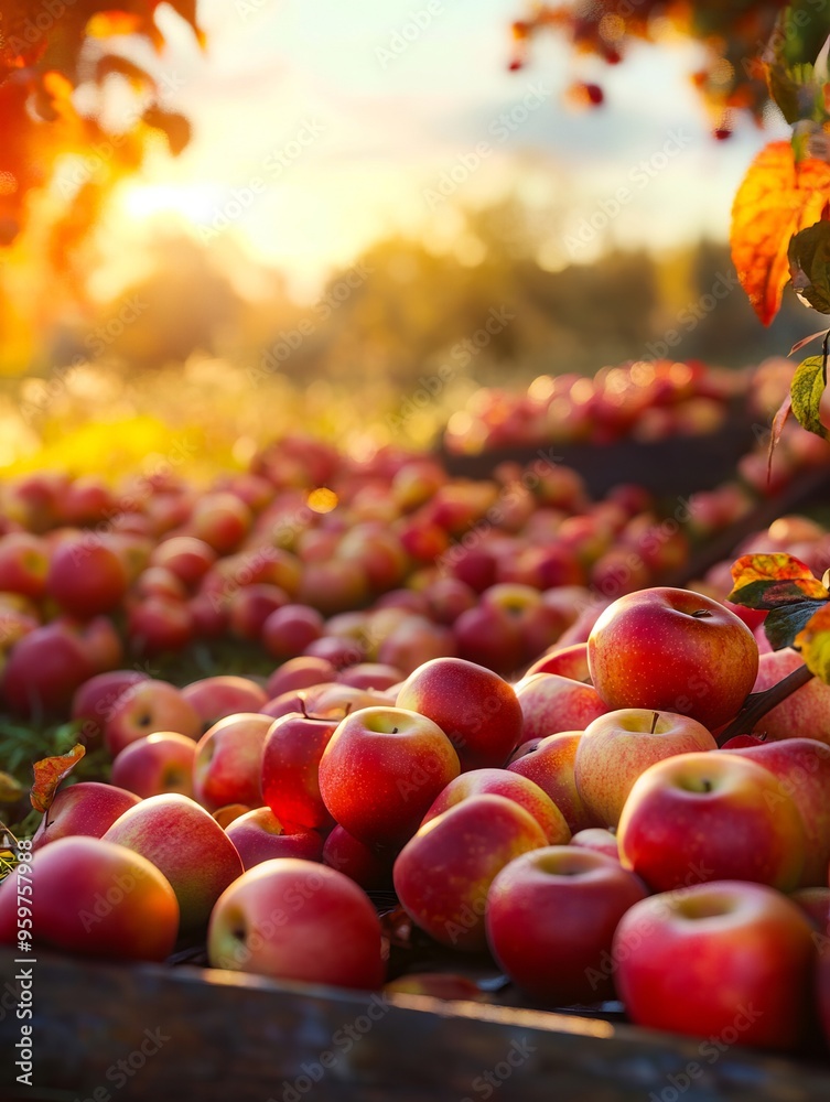 A pile of red apples sitting on top of a wooden crate A pile of red apples sitting on top of a wooden crate