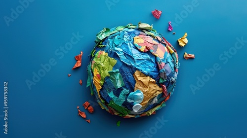 Fototapeta Naklejka Na Ścianę i Meble -  Planet vs. Plastics. Ecology concept. Design with globe map planet Earth from plastic disposable bags And garbage on a blue background drawing. World Earth Day concept. banner with copy space.