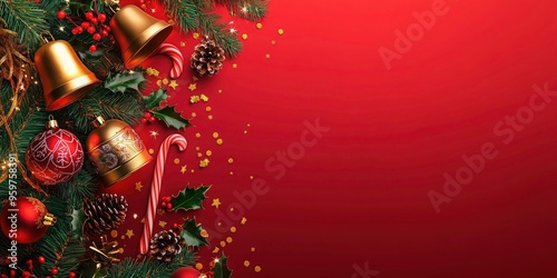 Festive Christmas background with a vibrant red gradient, golden bells, candy canes, holly leaves, Green and red with festive designs, pine cones, and green fir branches. Christmas theme, banner