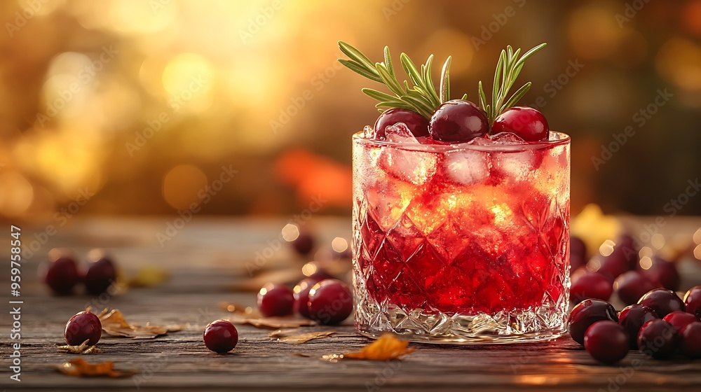 A refreshing spiced cranberry cocktail with fresh rosemary garnish, placed on a wooden table with scattered autumn leaves and berries, golden light from the side creating soft highlights, A refreshing spiced cranberry cocktail with fresh rosemary garnish, placed on a wooden table with scattered autumn leaves and berries, golden light from the side creating soft highlights,