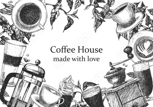 Coffee shop products. Coffee House Coffee design template. Hand-drawn illustration of Coggee. Ink. Vector