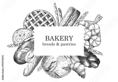 Bakery products. Bakery design template. Hand-drawn illustration of Bred. Ink. Vector	