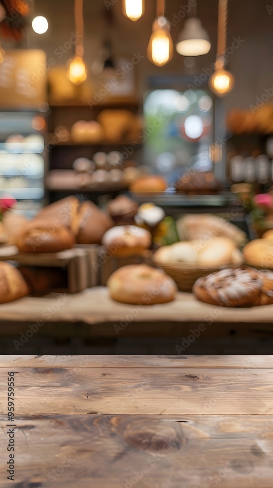 Empty wooden table top with a blurred background of a bakery shop interior for product display montage Empty wooden table top with a blurred background of a bakery shop interior for product display montage