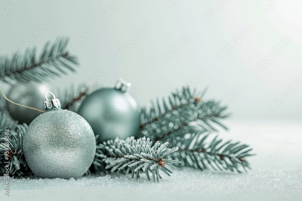 Silver baubles and frosted pine branches on a snowy surface. Minimalist winter holiday design for Christmas and New Year, evoking a cool and elegant festive atmosphere Silver baubles and frosted pine branches on a snowy surface. Minimalist winter holiday design for Christmas and New Year, evoking a cool and elegant festive atmosphere