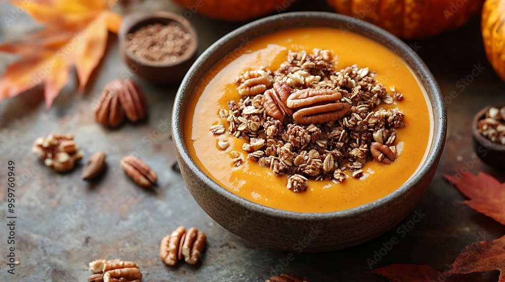 A spiced pumpkin smoothie bowl topped with granola and pecans, placed on a rustic table surrounded by vibrant autumn leaves and spices, soft warm sunlight creating a peaceful fall setting, hd quality. A spiced pumpkin smoothie bowl topped with granola and pecans, placed on a rustic table surrounded by vibrant autumn leaves and spices, soft warm sunlight creating a peaceful fall setting, hd quality.