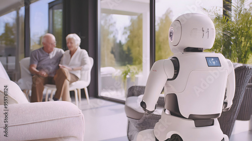 Robot assisting an elderly couple in a modern home, illustrating advanced caregiving technology