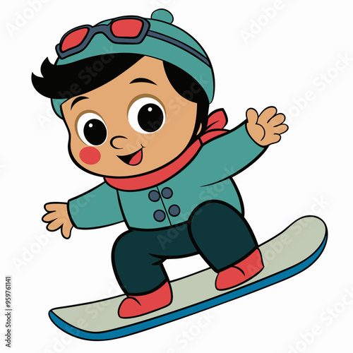 Joyful young boy snowboarding in winter landscape with copy space