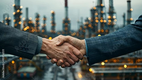 Business handshake with blurred industrial background, partnership concept