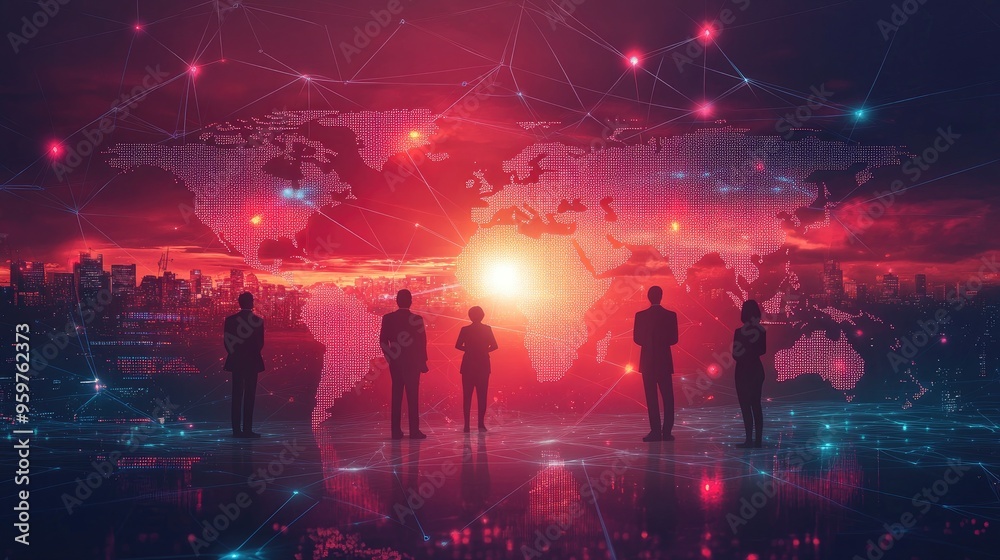 Fototapeta premium Global Network Connection: People Working Together on a Futuristic World Map