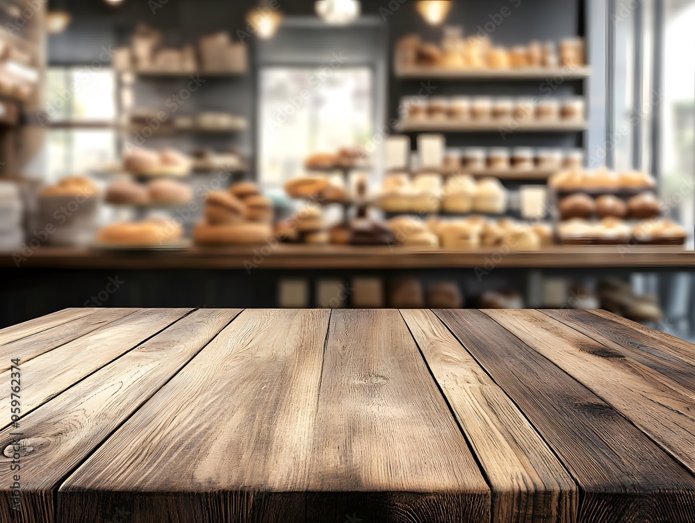 Empty wooden table top with a blurred background of a bakery shop interior for product display montage