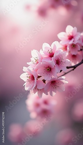 Sakura is blooming. Delicate pink cherry blossoms bloom beautifully on a tree branch during the spring season, filling the scene with vibrant colors and a sense of renewal in nature. Generative AI