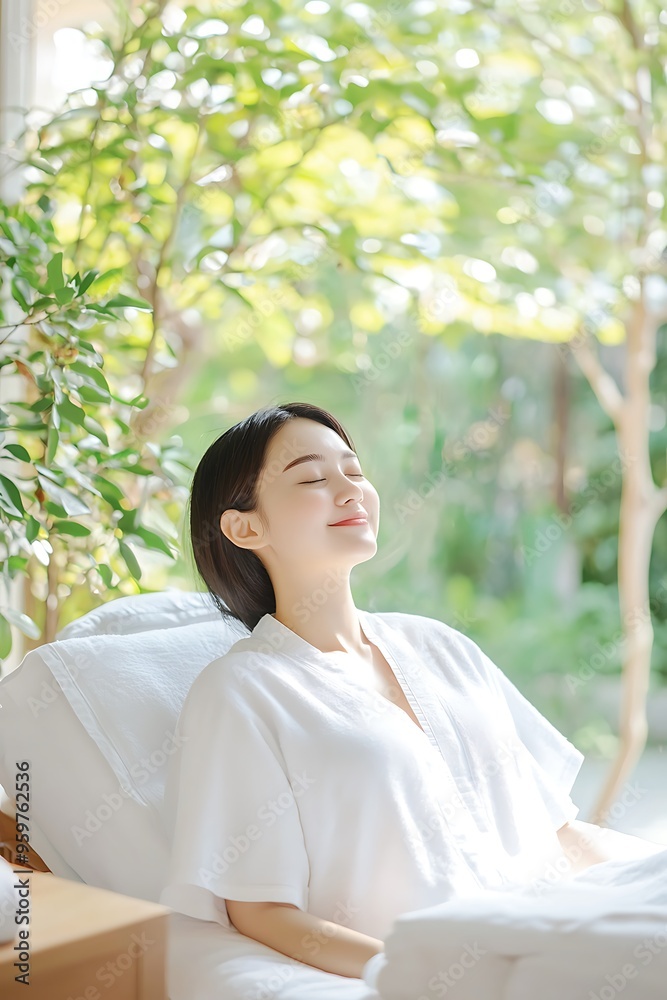A natural beautiful woman relaxing on massage bed in spa A natural beautiful woman relaxing on massage bed in spa