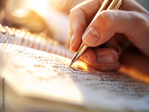 Close-up of hands journaling in a notebook as part of stress management and self-reflection photo