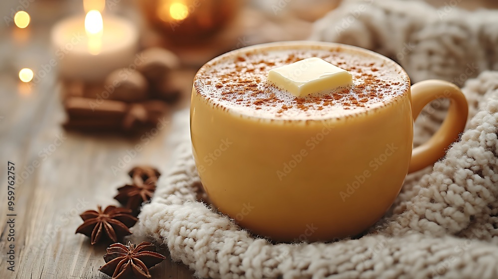 A steaming mug of hot buttered rum with a pat of butter melting into the drink, surrounded by autumn spices and a soft blanket, A steaming mug of hot buttered rum with a pat of butter melting into the drink, surrounded by autumn spices and a soft blanket,