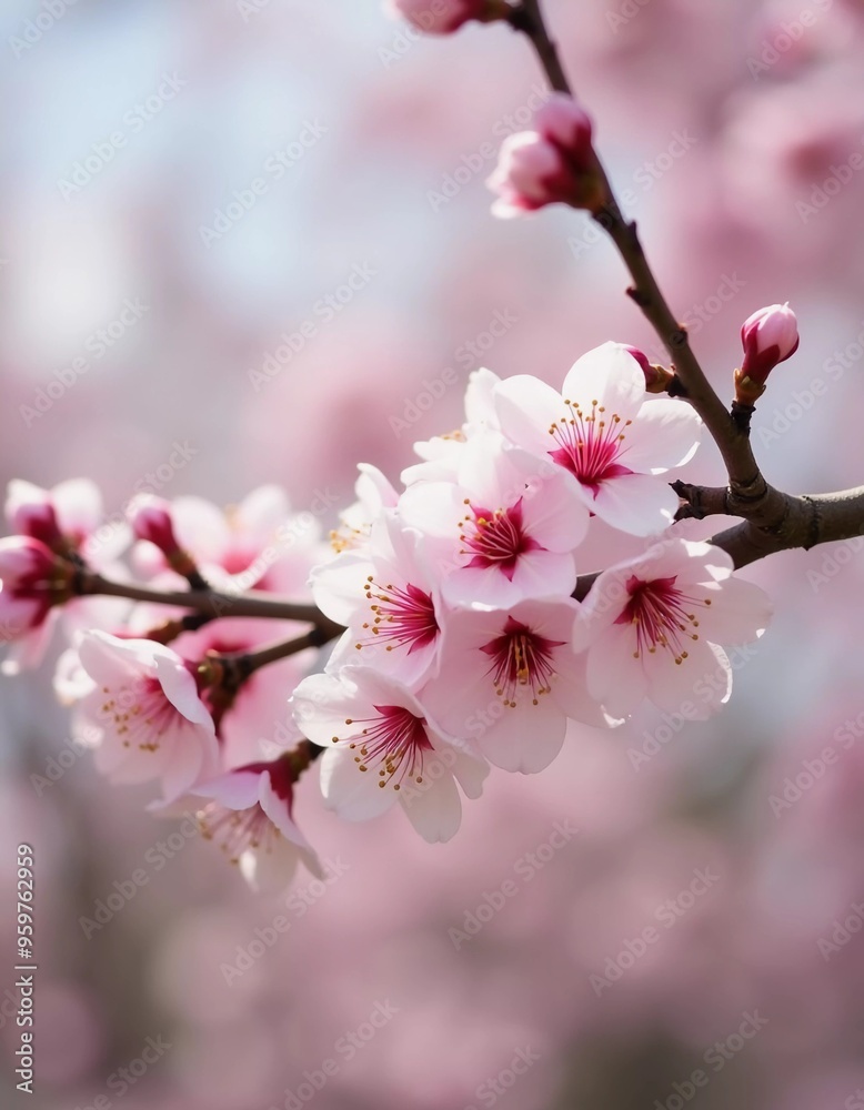 Obraz premium Sakura is blooming. Delicate pink cherry blossoms bloom beautifully on a tree branch during the spring season, filling the scene with vibrant colors and a sense of renewal in nature. Generative AI
