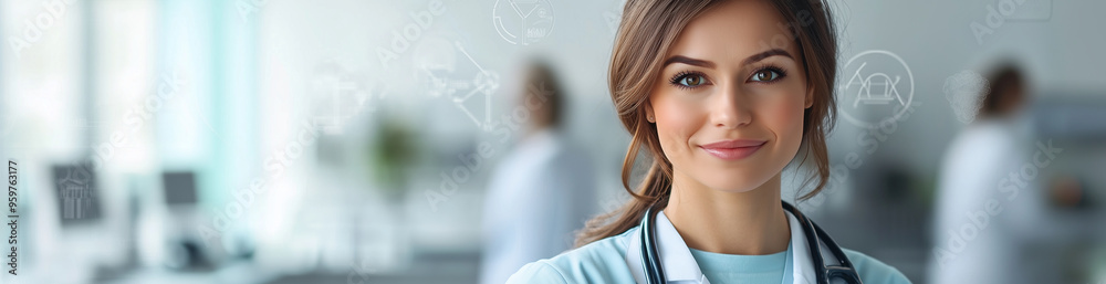 A confident female doctor standing in front of a medical AI technology display screen with data connections and visual elements A confident female doctor standing in front of a medical AI technology display screen with data connections and visual elements