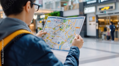 A traveler holding and studying a map while navigating an indoor setting, preparing for exploration in a public space.