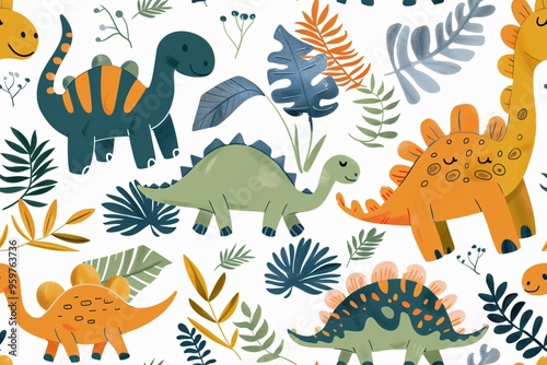 Repeating artwork of cheerful dinos among bold tropical leaf elements.
