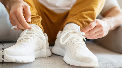 Male person wearing casual clothes sitting on couch in living room at home and holding orthopedic shoe insole in his hands with white sneakers. Feet comfort concept photo