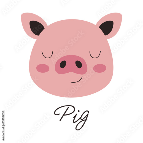 Cute pig face drawn in cartoon style. Creative children's print with a domestic animal.