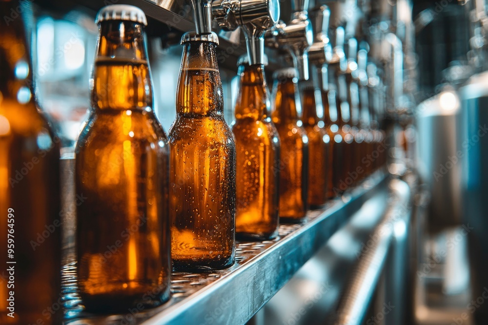 Bottled Beer on a Conveyor Belt During Production Bottled Beer on a Conveyor Belt During Production
