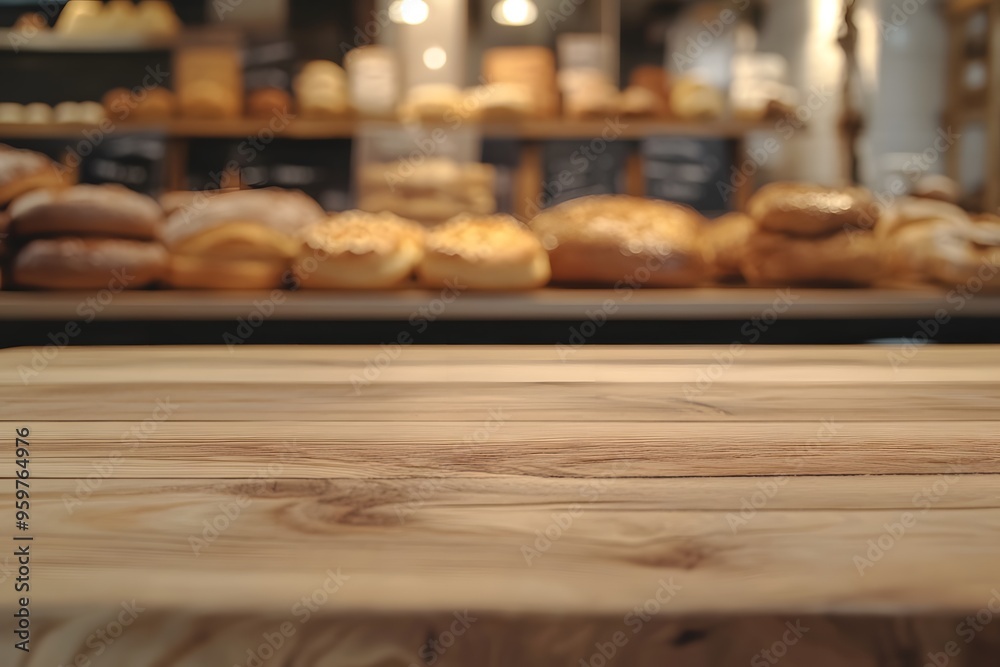 Empty wooden table top with a blurred background of a bakery shop interior for product display montage Empty wooden table top with a blurred background of a bakery shop interior for product display montage