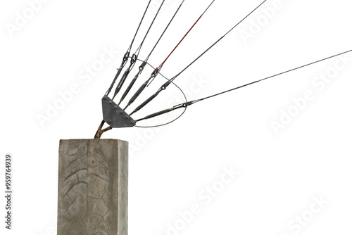 closeup locked cable pole.A turnbuckle cable is attached to the concrete building block for fixing the pole. Isolated on white background.
