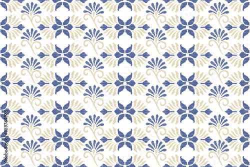 Embroidered Ikat flower pattern on a white background. Traditional ethnic ikat, Aztec abstract vector pattern, seamless pattern in tribal, folk embroidery and Mexican style.
