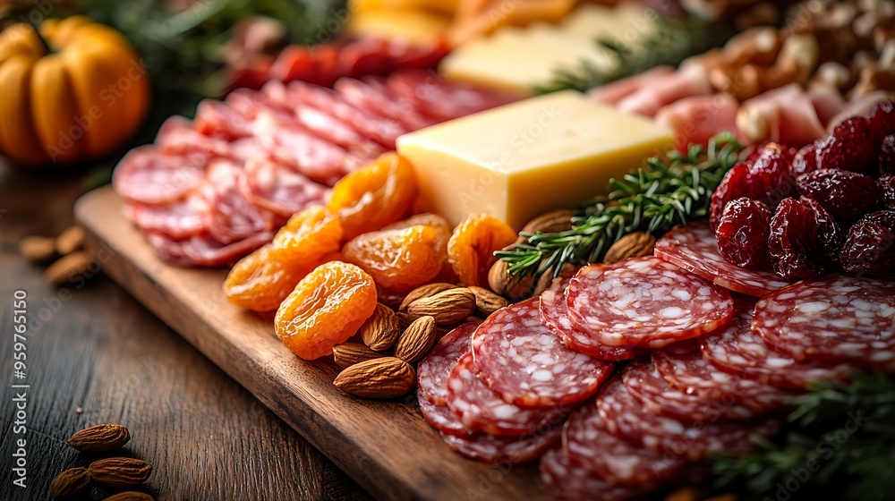 A close-up of a charcuterie board with an autumnal twist, featuring cheeses, meats, dried fruits, and nuts, styled with seasonal decorations like mini pumpkins and fall leaves. The warm, A close-up of a charcuterie board with an autumnal twist, featuring cheeses, meats, dried fruits, and nuts, styled with seasonal decorations like mini pumpkins and fall leaves. The warm,