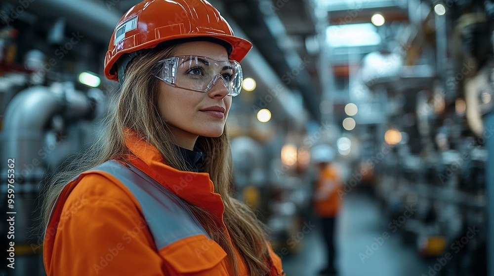 Woman Engineer in Industrial Setting: A confident woman engineer in safety gear gazes towards the horizon, showcasing her expertise and dedication within a bustling industrial environment. Woman Engineer in Industrial Setting: A confident woman engineer in safety gear gazes towards the horizon, showcasing her expertise and dedication within a bustling industrial environment.
