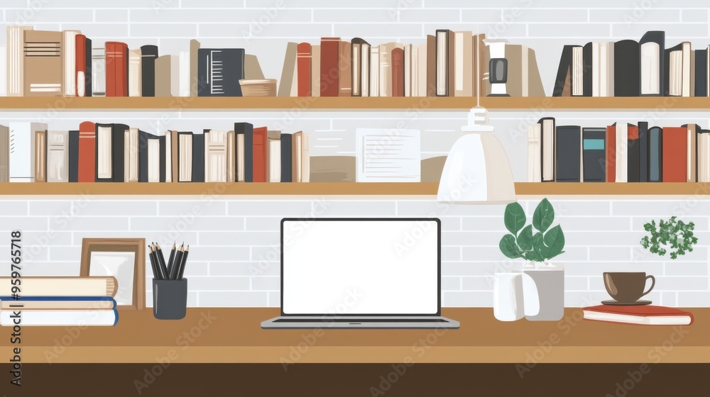 Modern Minimalist Workspace with Laptop, Books and Coffee on Coffee Shop Table - Flat Design Illustration