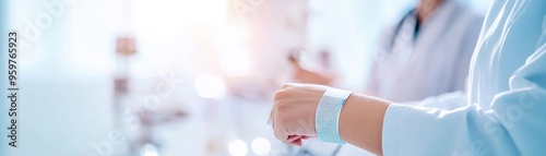 A close-up view of a hand with a medical bandage in a clinical setting, emphasizing care and healing in healthcare.